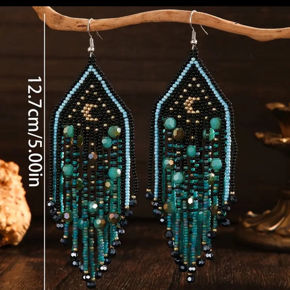 Handcrafted Beaded Earrings - Black and Turquoise